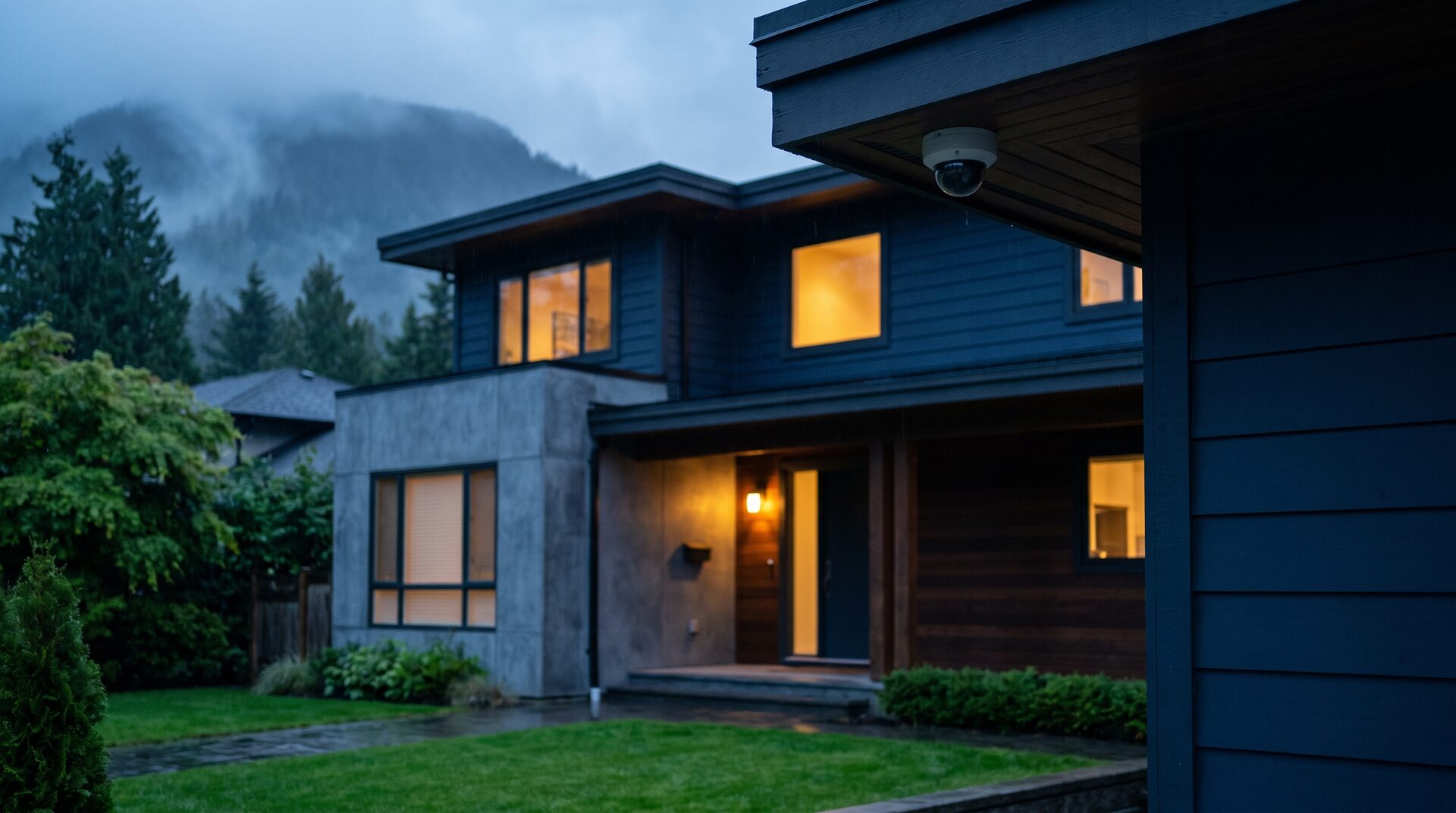 Hikvision dome security camera installed on a modern Metro Vancouver home at blue hour