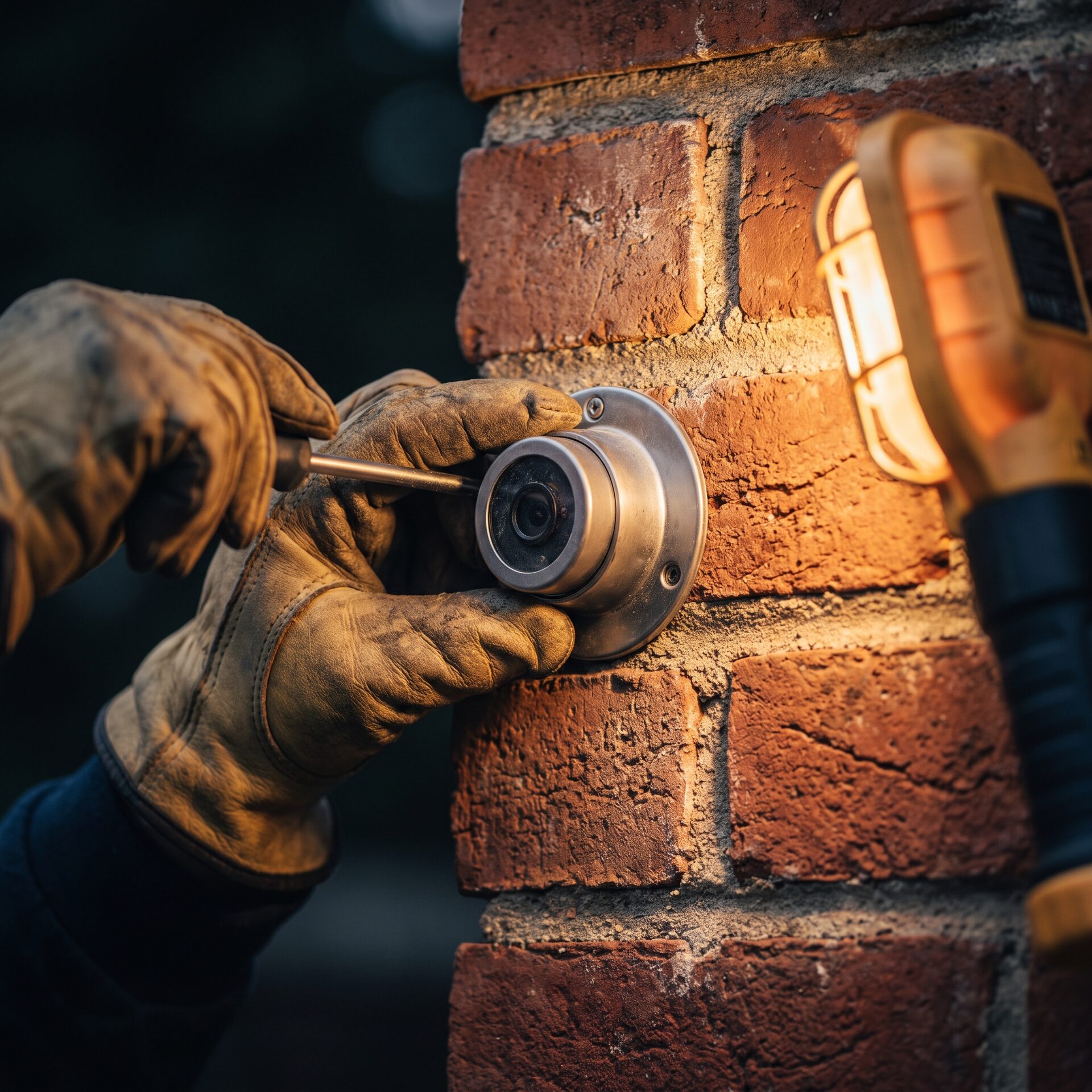 Technician installing a CCTV dome camera on a brick wall