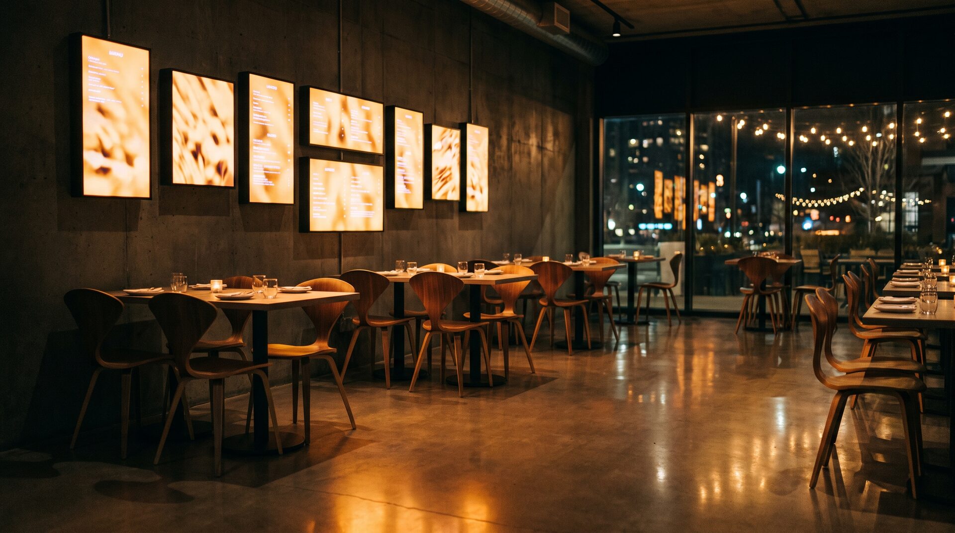 Digital menu boards inside a modern Surrey restaurant